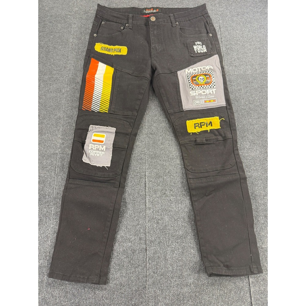 Copper Rivet Mens Black Racing Patch Denim Jeans36x30 Grand Prix Moto Streetwear